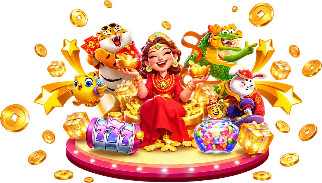 Game characters celebrating with gold coins