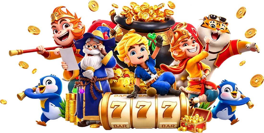 Game characters with a 777 slot reel and treasure